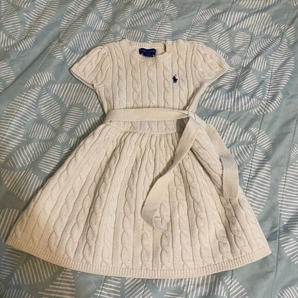 Ralph Lauren Kids Cable Knit Sweater Dress In Ivory Logo Tie Belt Girls Size 4T - Picture 1 of 6